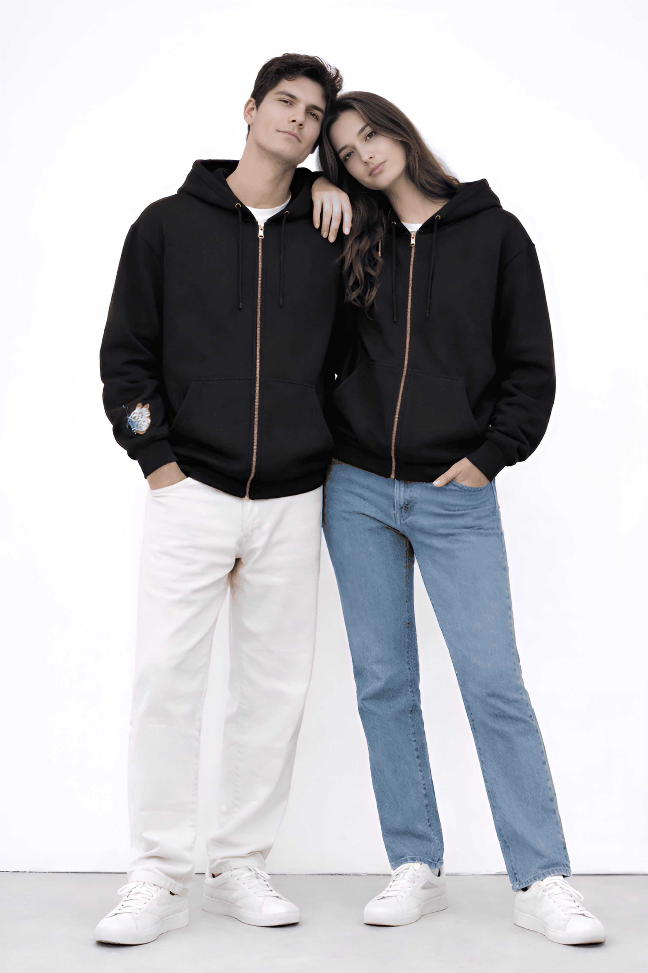 BLACK EMBROIDERED ZIPPER OVERSIZED HOODIE