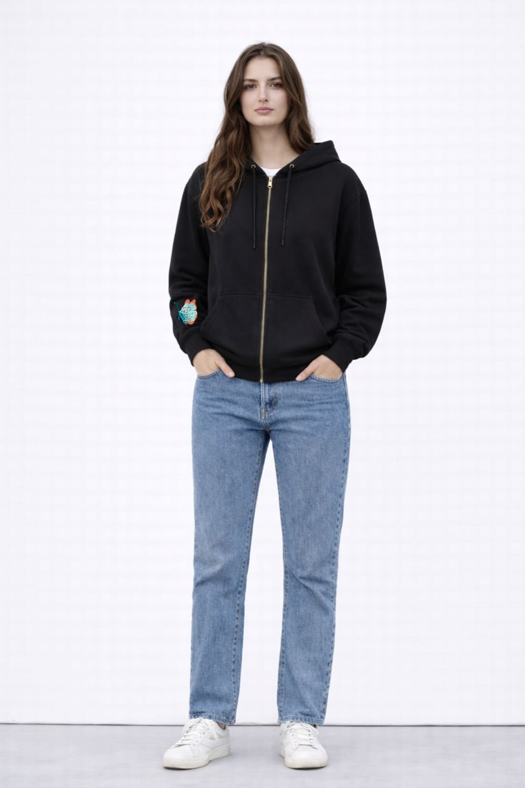 BLACK EMBROIDERED ZIPPER OVERSIZED HOODIE