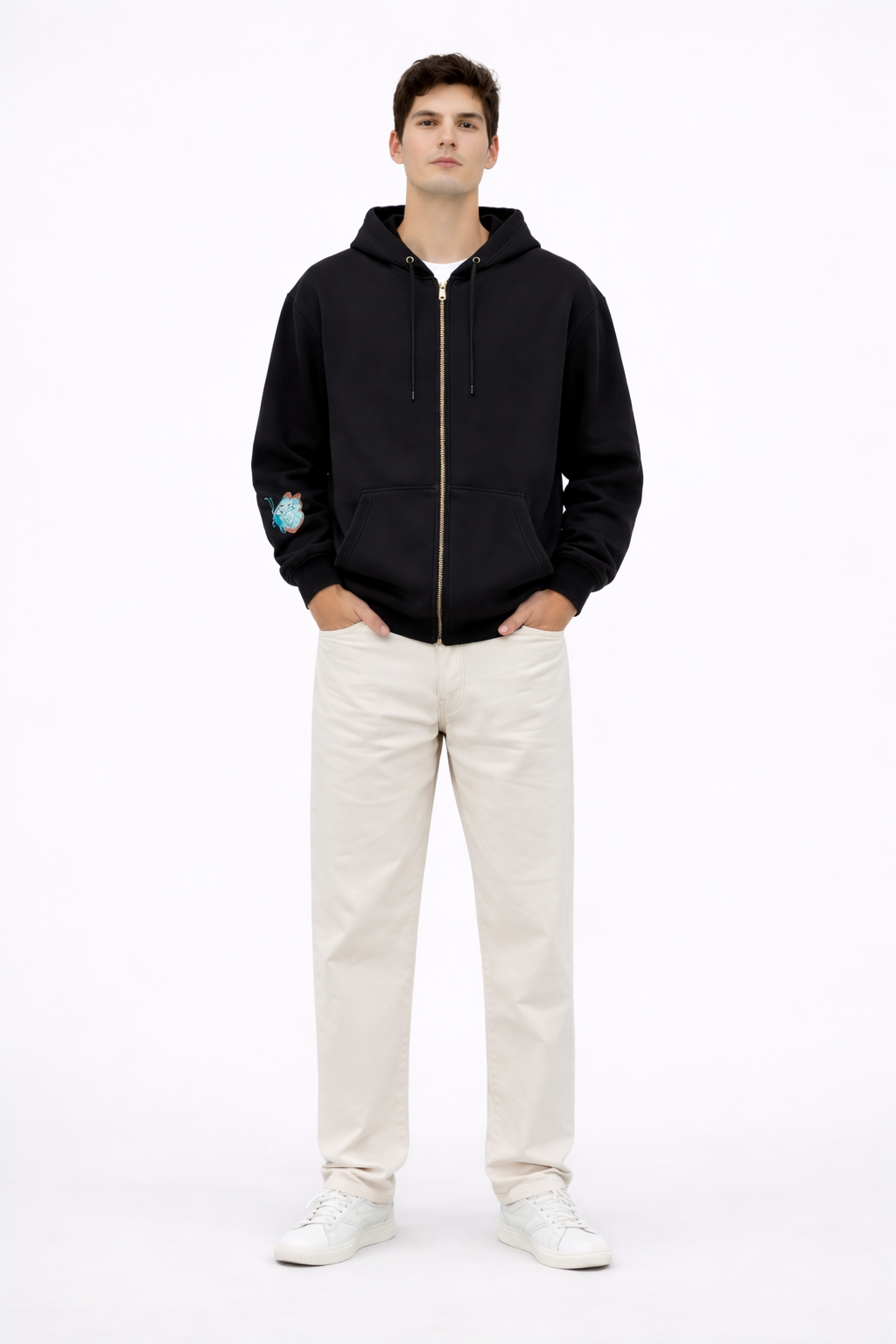 BLACK EMBROIDERED ZIPPER OVERSIZED HOODIE
