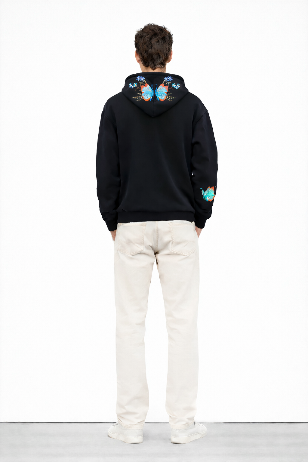 BLACK EMBROIDERED ZIPPER OVERSIZED HOODIE