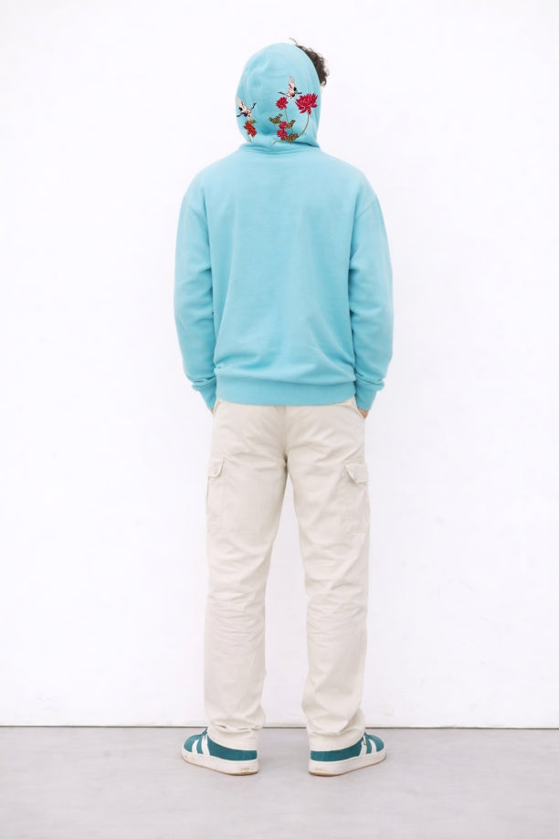 TURQUOISE BLUE EMBROIDERED OVERSIZED HOODIE