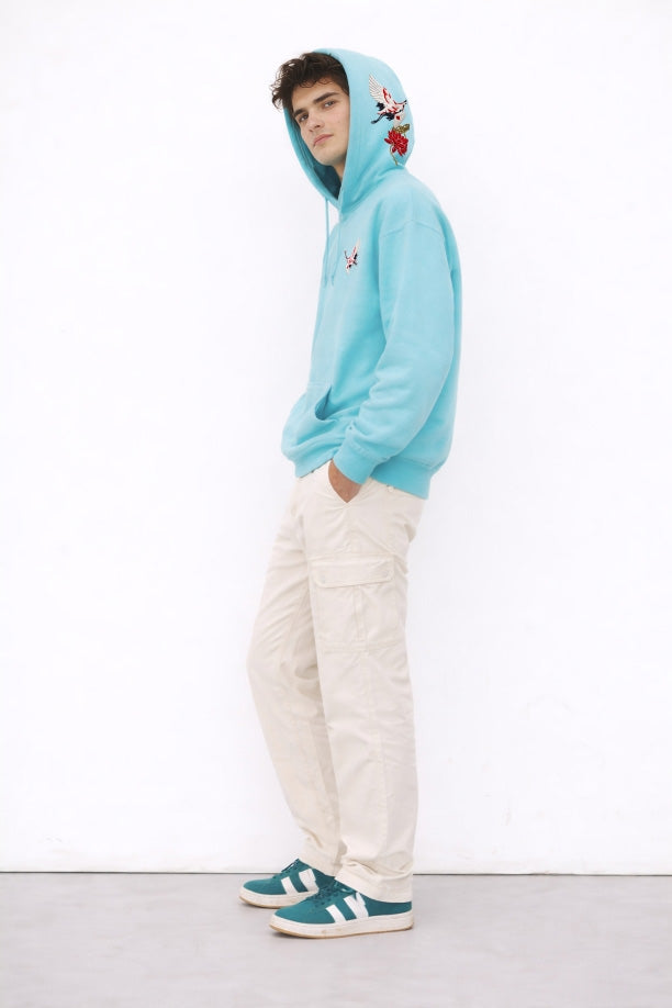 TURQUOISE BLUE EMBROIDERED OVERSIZED HOODIE