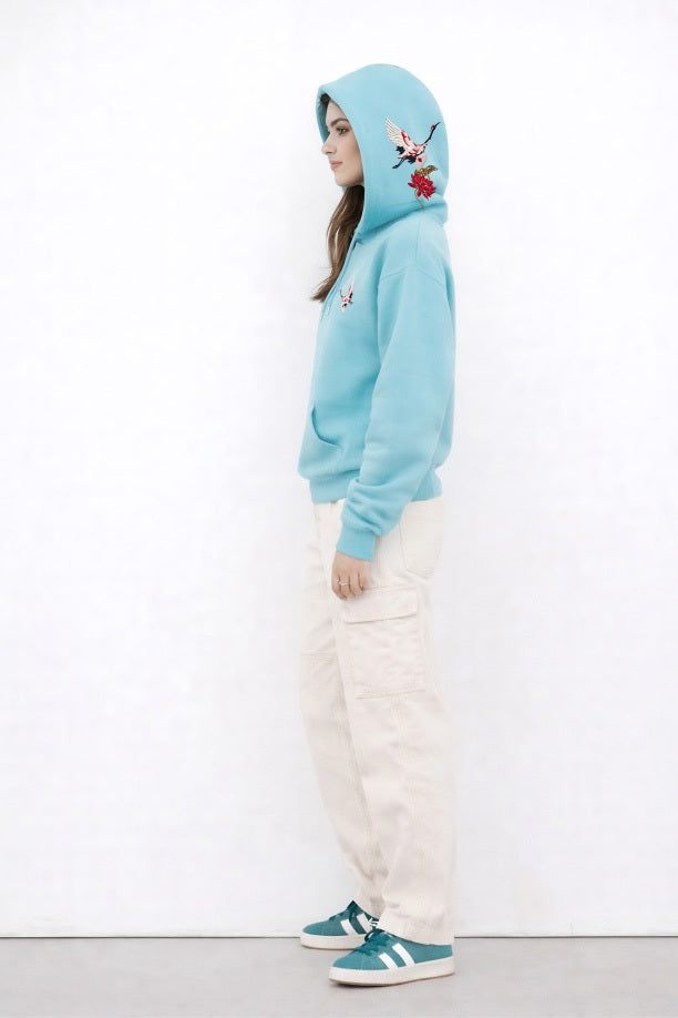 TURQUOISE BLUE EMBROIDERED OVERSIZED HOODIE