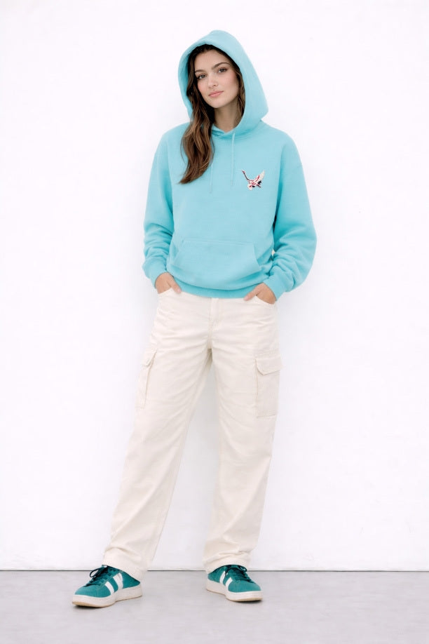 TURQUOISE BLUE EMBROIDERED OVERSIZED HOODIE