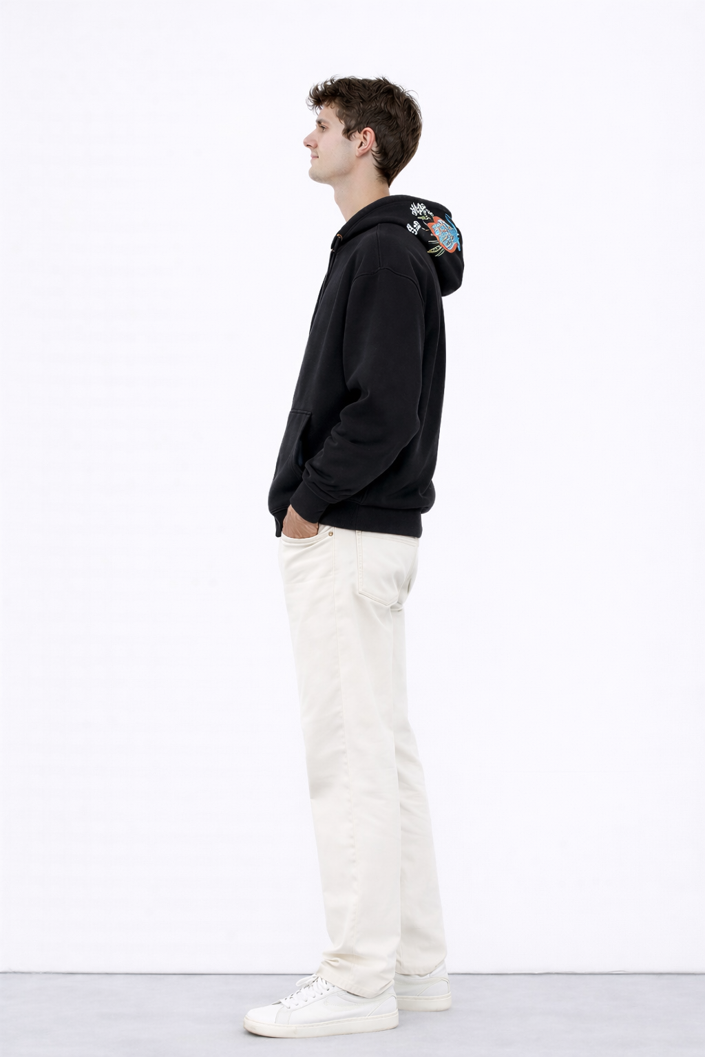 BLACK EMBROIDERED ZIPPER OVERSIZED HOODIE