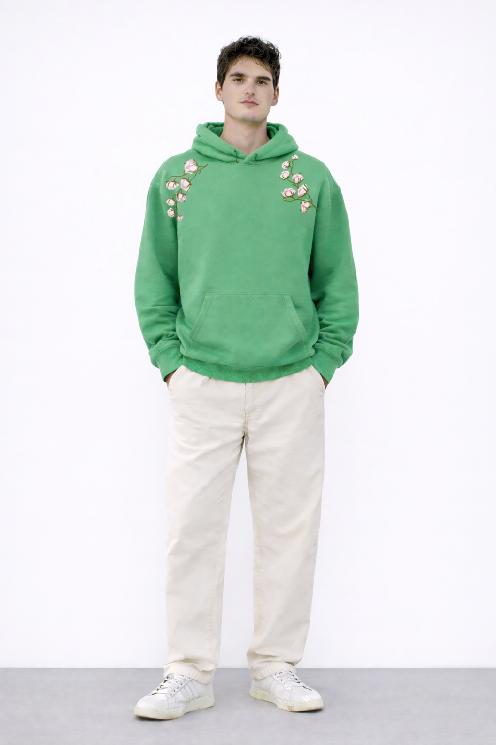 GREEN EMBROIDERED OVERSIZED PULLOVER HOODIE
